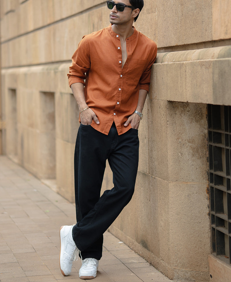 Brown Mandarin Collar Shirt.