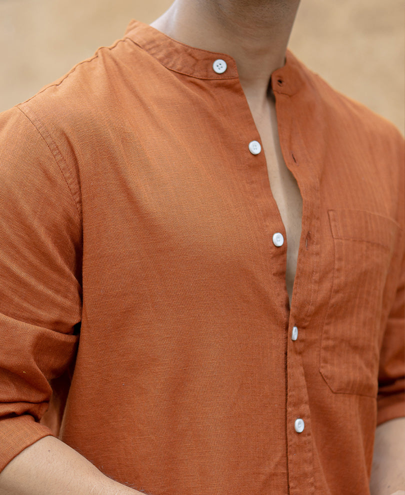 Brown Mandarin Collar Shirt.