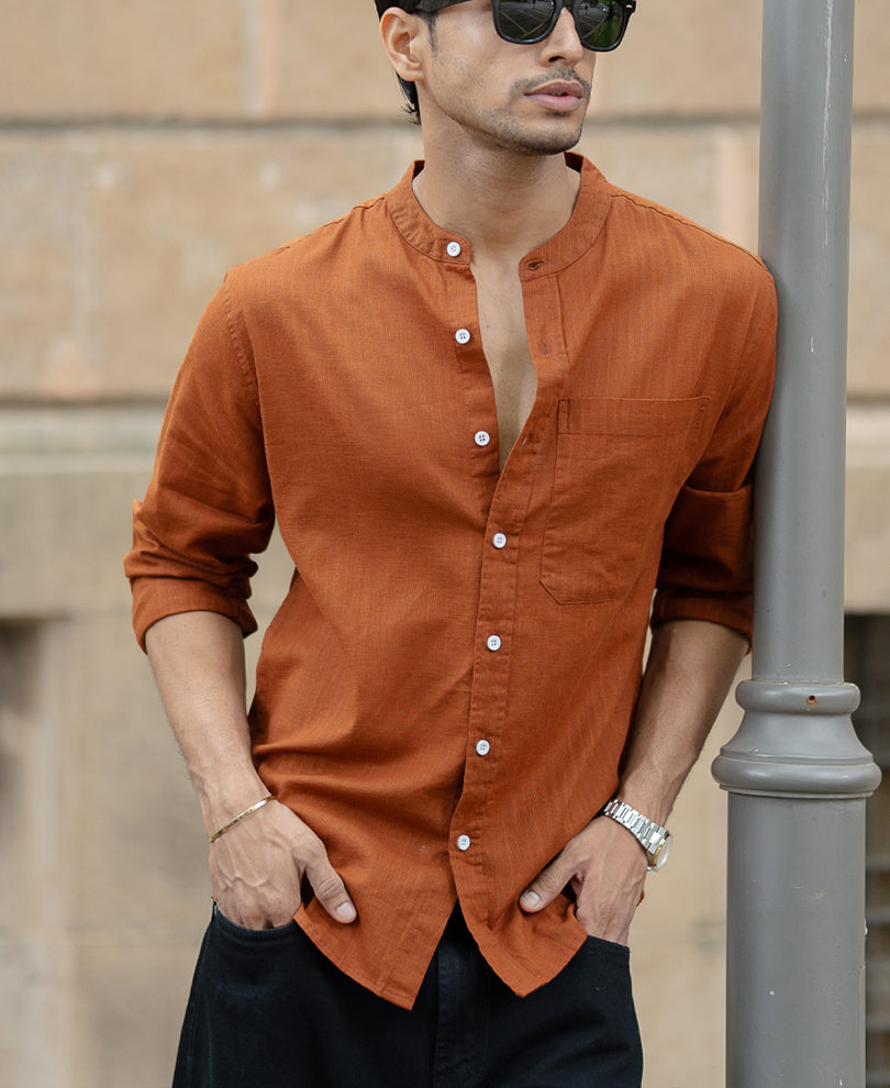 Brown Mandarin Collar Shirt.