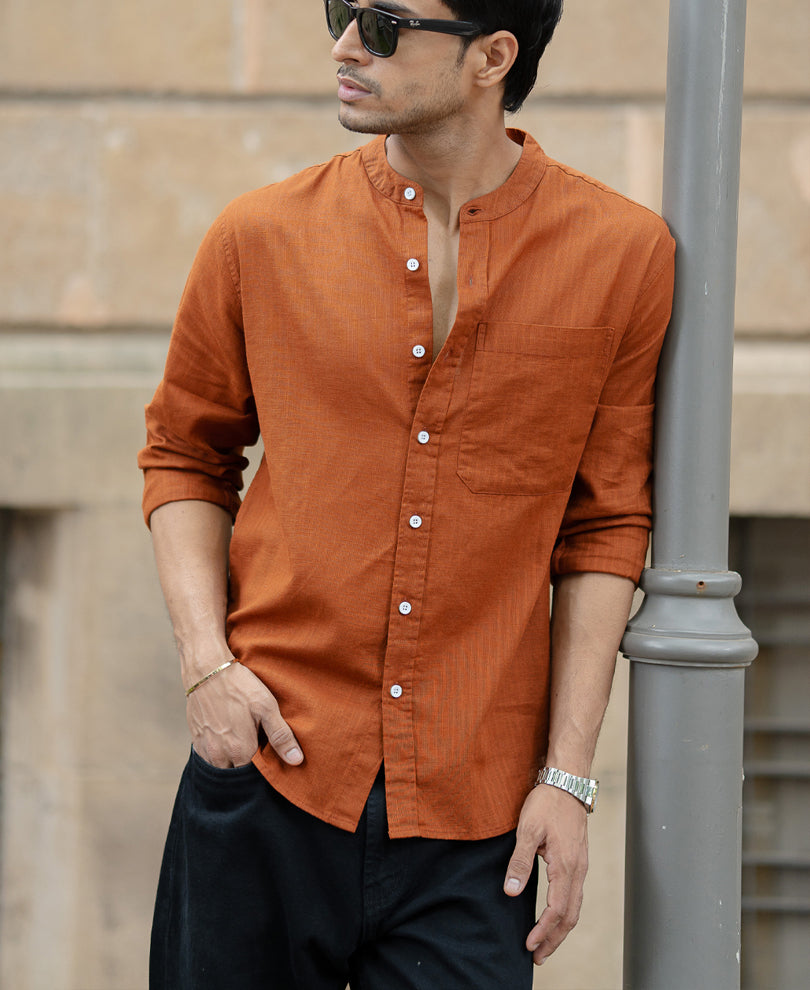 Brown Mandarin Collar Shirt.