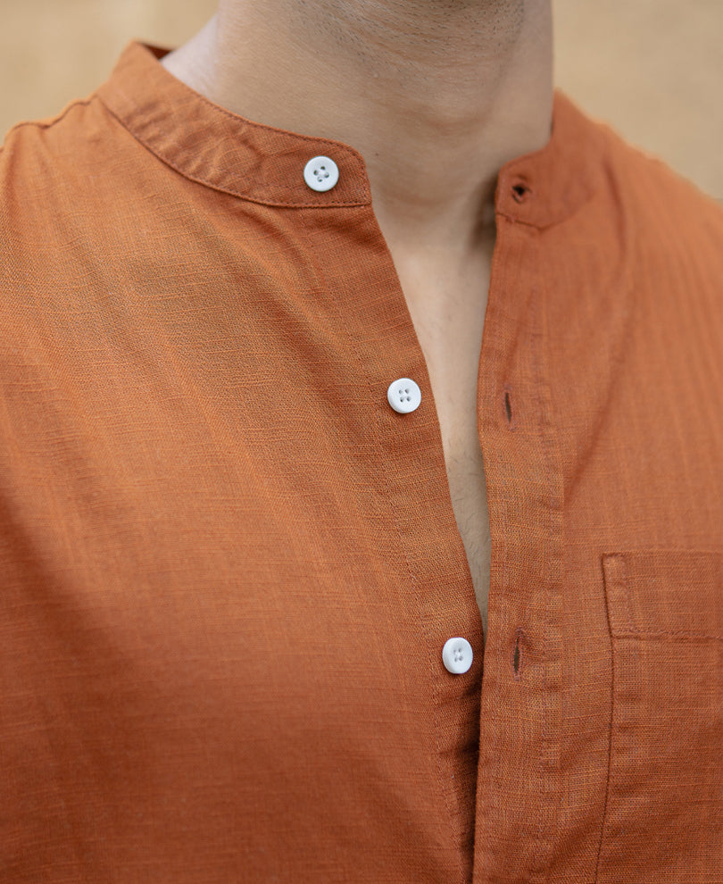 Brown Mandarin Collar Shirt.