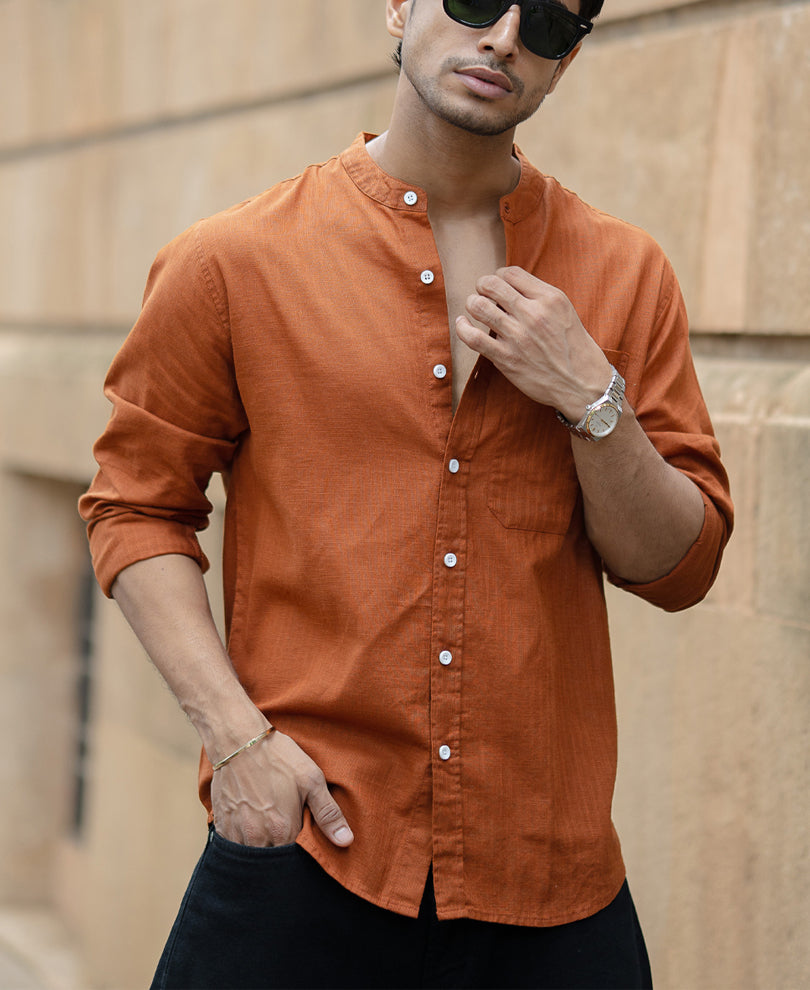 Brown Mandarin Collar Shirt.