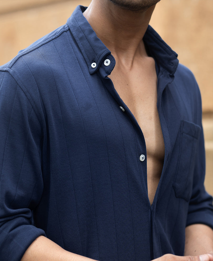 Navy Knitted Button Down Shirt.