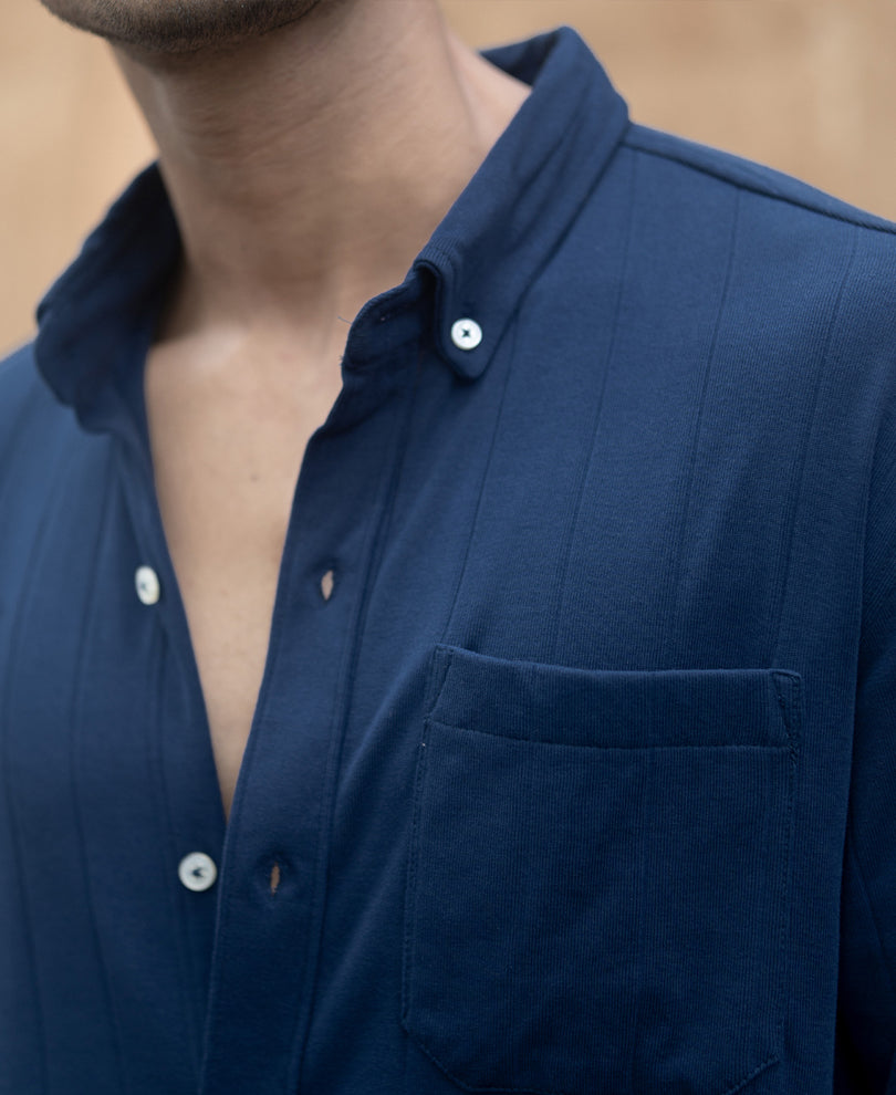Navy Knitted Button Down Shirt.