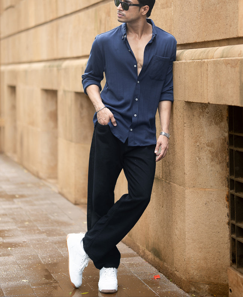 Navy Knitted Button Down Shirt.