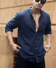 Navy Knitted Button Down Shirt.