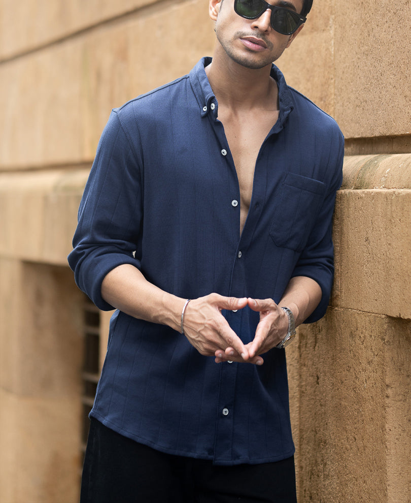 Navy Knitted Button Down Shirt.