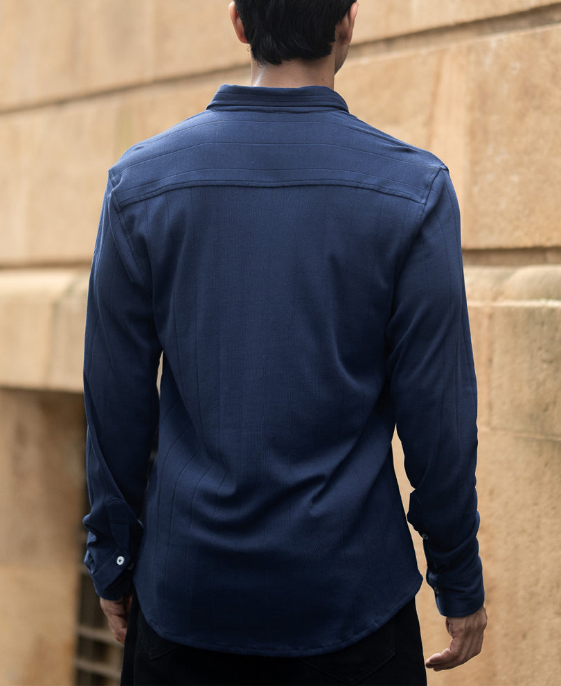 Navy Knitted Button Down Shirt.