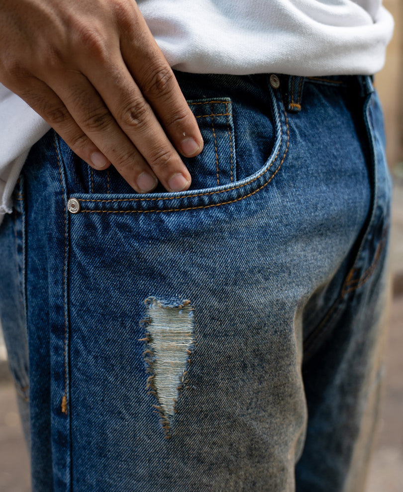 Dark Blue Baggy Distressed Jeans.