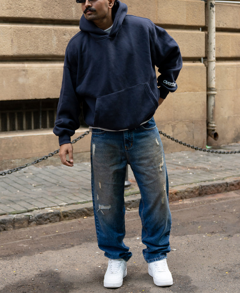 Dark Blue Baggy Distressed Jeans.
