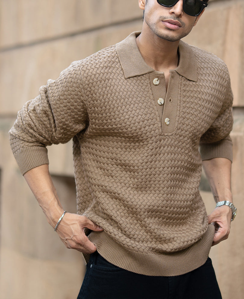 Dark Beige Knit Polo T-Shirt.