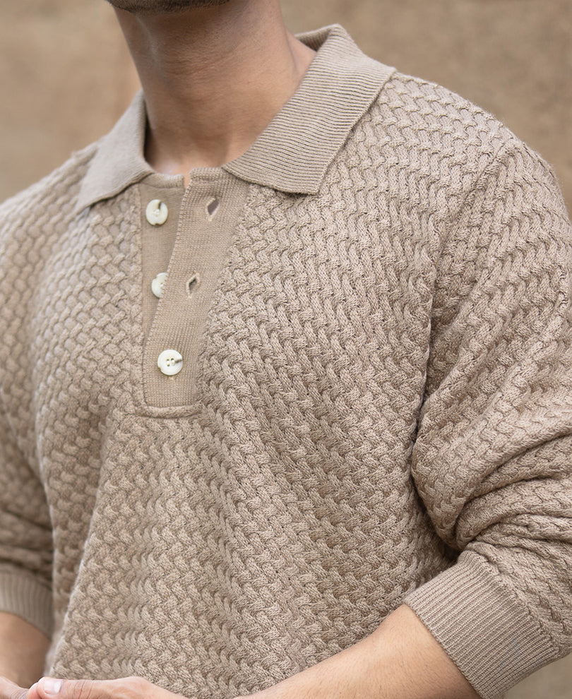 Dark Beige Knit Polo T-Shirt.