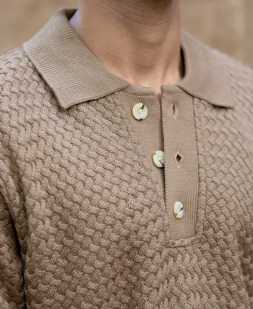 Dark Beige Knit Polo T-Shirt.