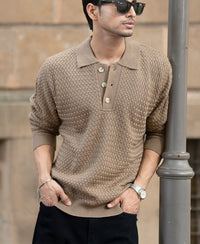 Dark Beige Knit Polo T-Shirt 100% Cotton