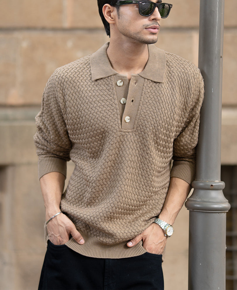 Dark Beige Knit Polo T-Shirt.