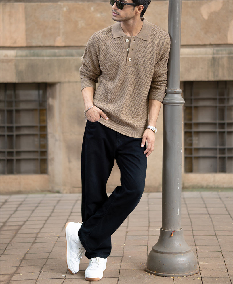 Dark Beige Knit Polo T-Shirt.