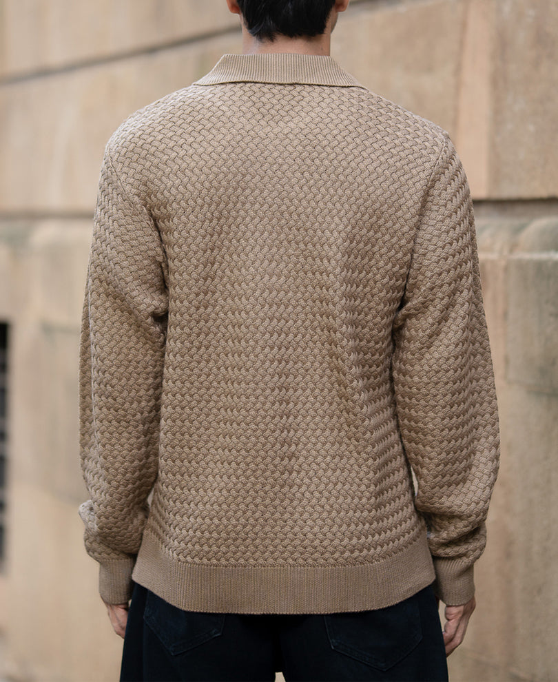 Dark Beige Knit Polo T-Shirt.