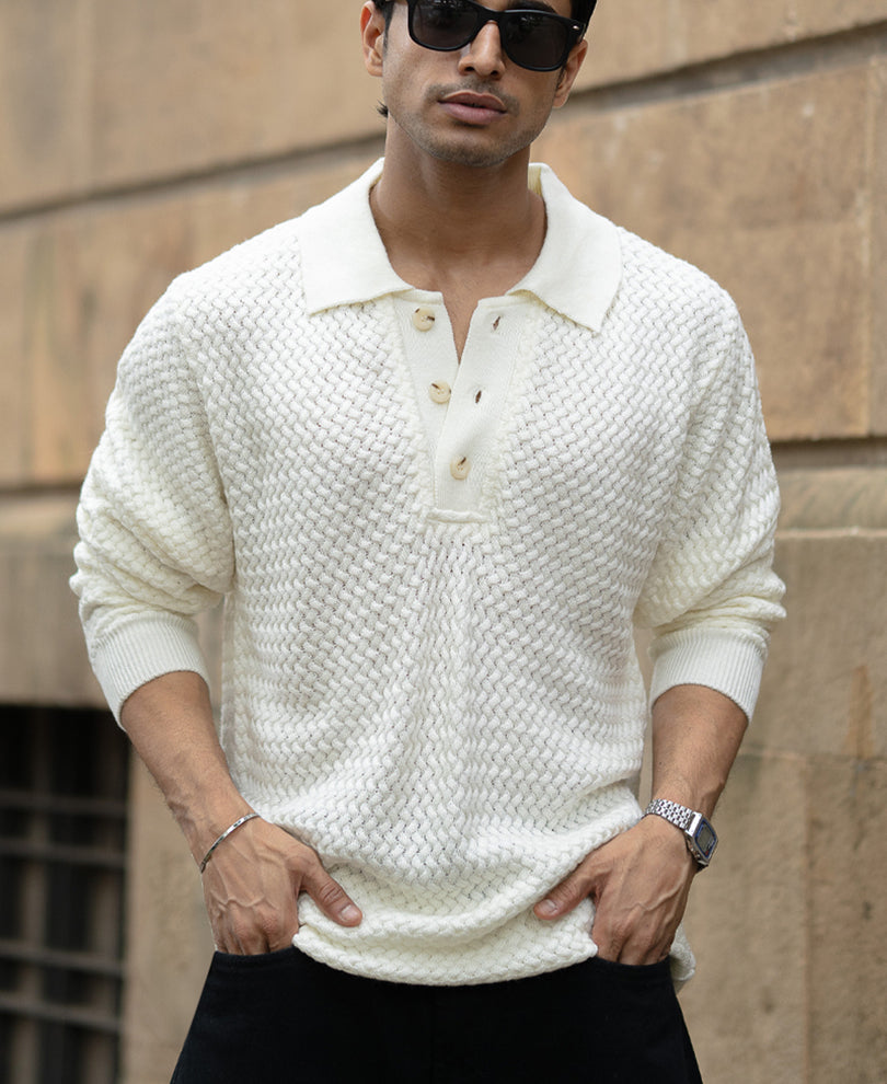 Off White Knit Polo T-Shirt.