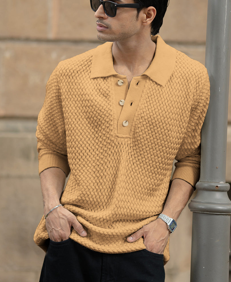 Dusty Yellow Knit Polo T-Shirt.