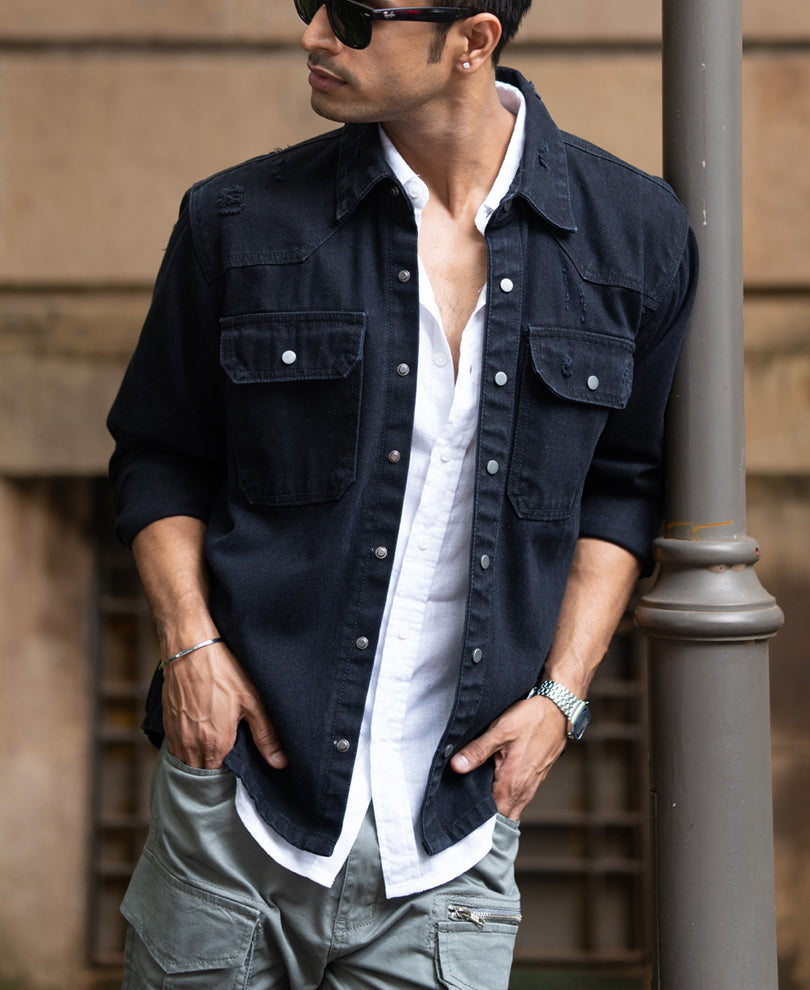 Black Distressed Denim Overshirt.