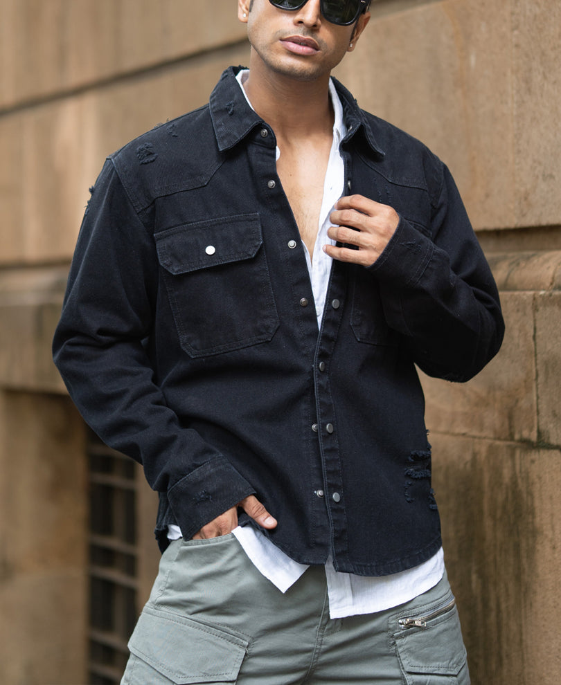 Black Distressed Denim Overshirt.