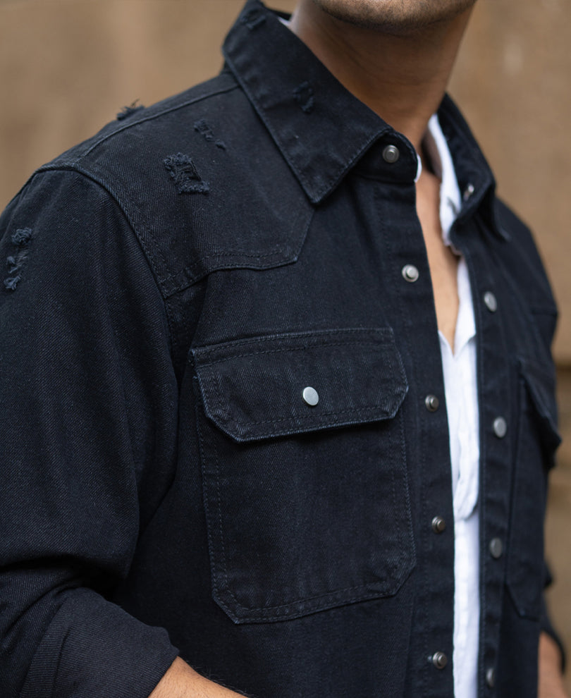 Black Distressed Denim Overshirt.