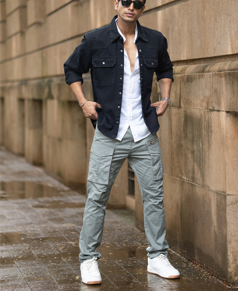 Black Distressed Denim Overshirt.