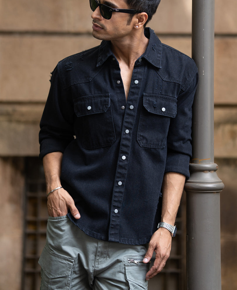 Black Distressed Denim Overshirt.