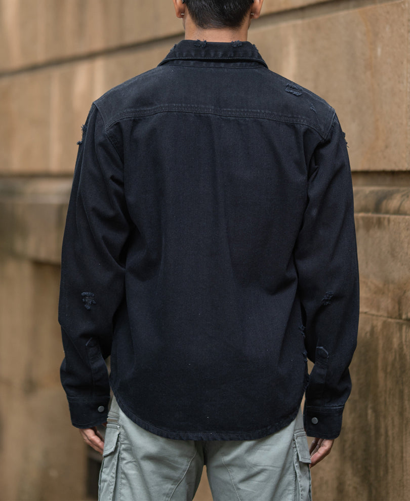 Black Distressed Denim Overshirt.