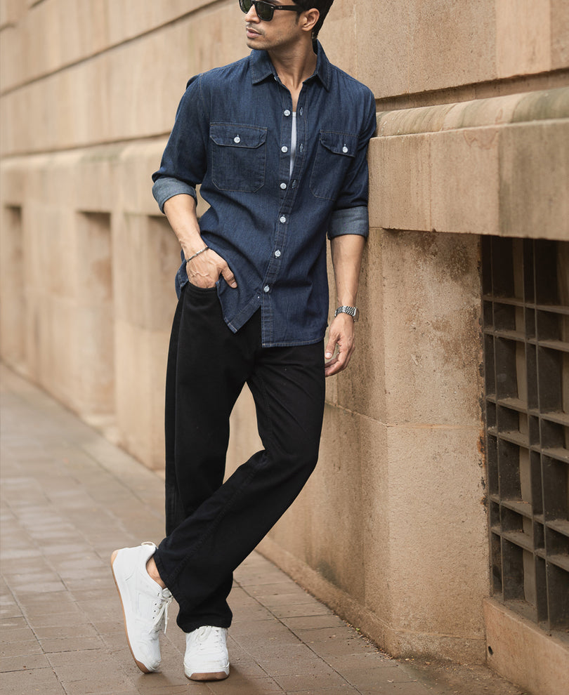 Indigo Denim Shirt With Pockets.