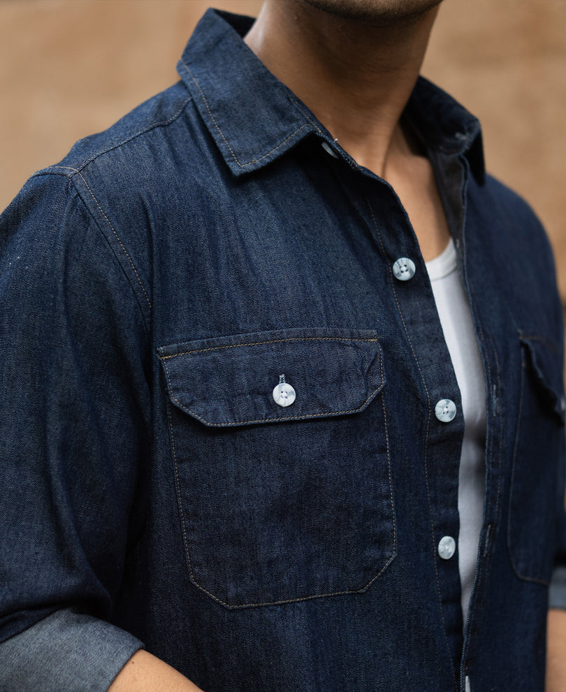 Indigo Denim Shirt With Pockets.