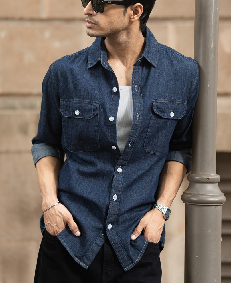 Indigo Denim Shirt With Pockets.
