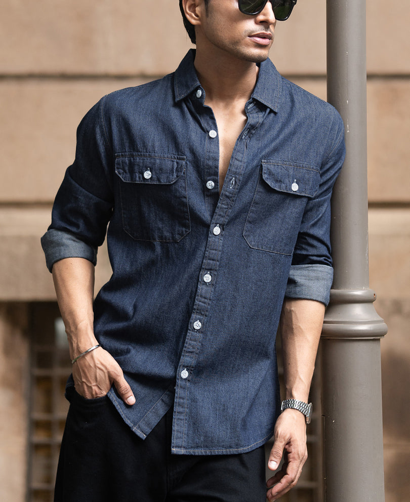 Indigo Denim Shirt With Pockets.
