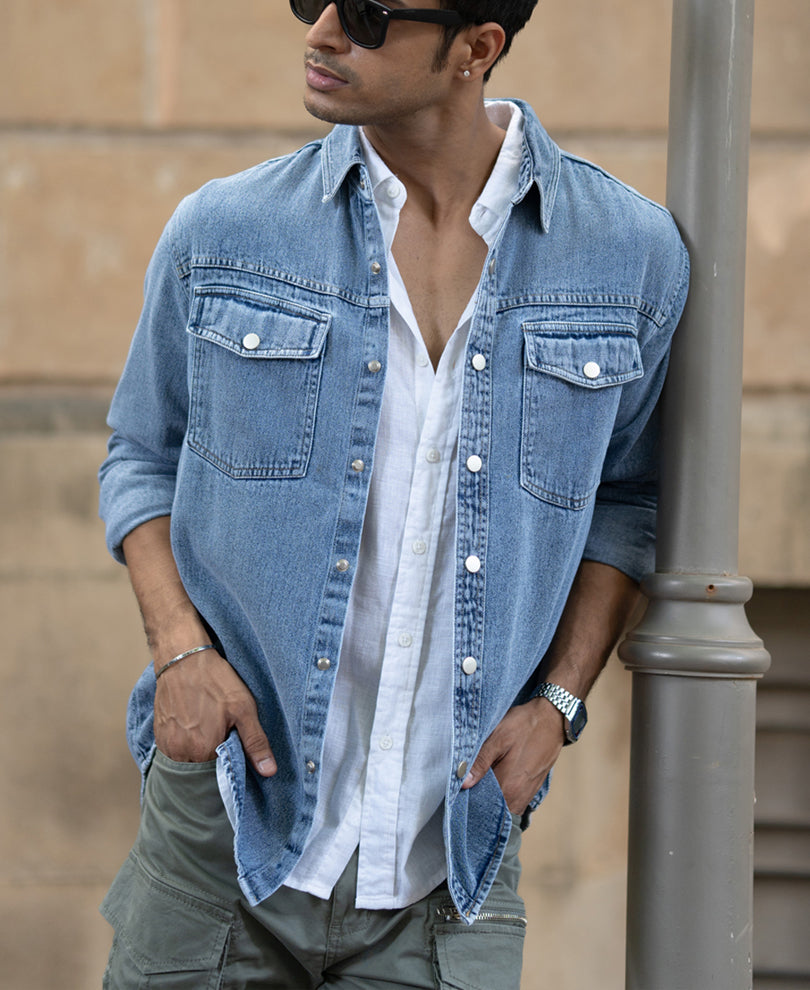 Mid Blue Washed Denim Overshirt.
