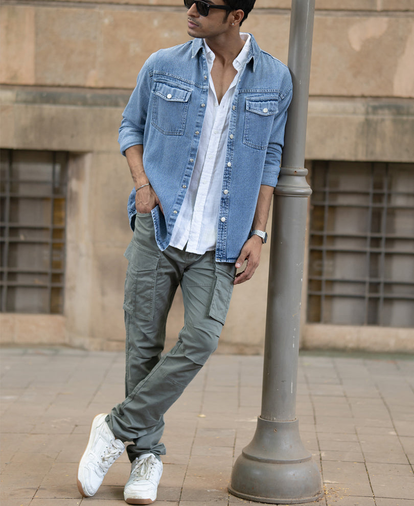 Mid Blue Washed Denim Overshirt.