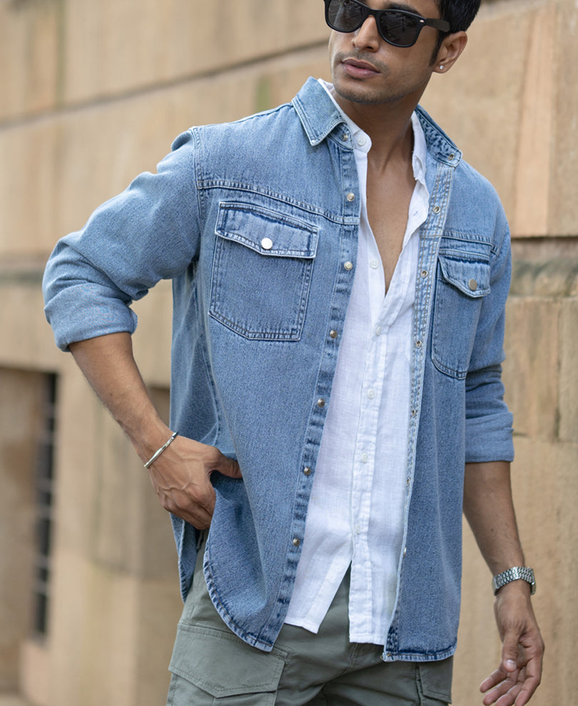 Mid Blue Washed Denim Overshirt.