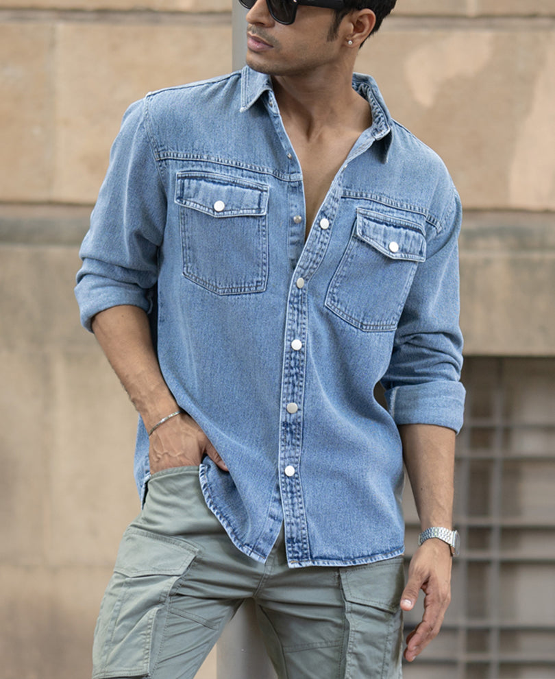 Mid Blue Washed Denim Overshirt.