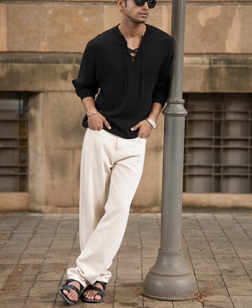 Black Knitted Henley Full Sleeves T-Shirt.