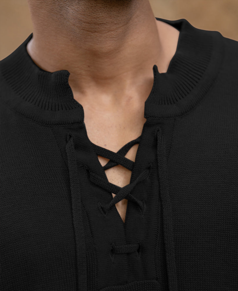 Black Knitted Henley Full Sleeves T-Shirt.