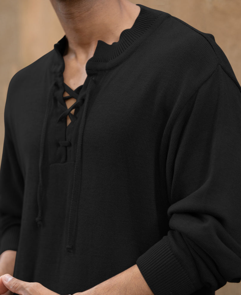 Black Knitted Henley Full Sleeves T-Shirt.