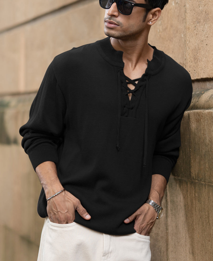Black Knitted Henley Full Sleeves T-Shirt.