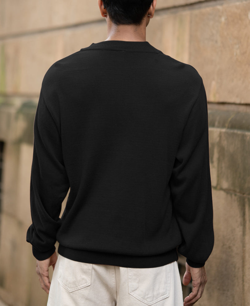 Black Knitted Henley Full Sleeves T-Shirt.