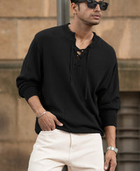 Black Knitted Henley Full Sleeves T-Shirt 100% Cotton