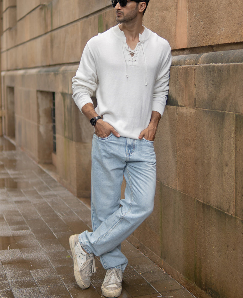 Off-White Knitted Henley T-Shirt.