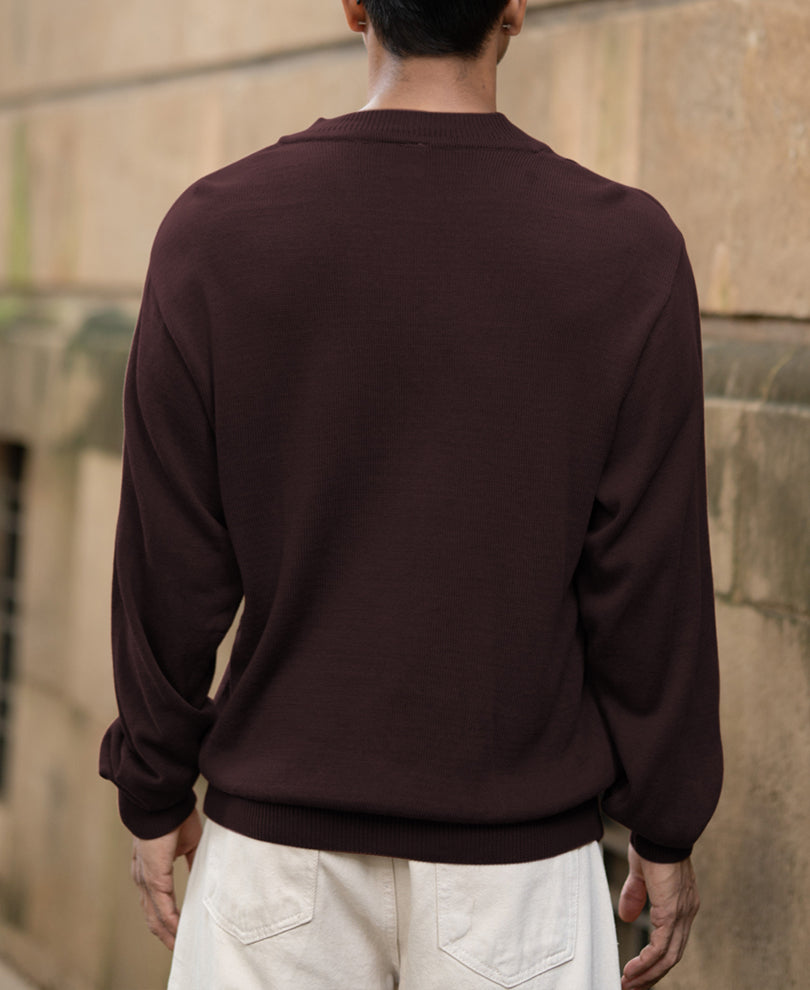 Wine Knitted Henley T-Shirt.