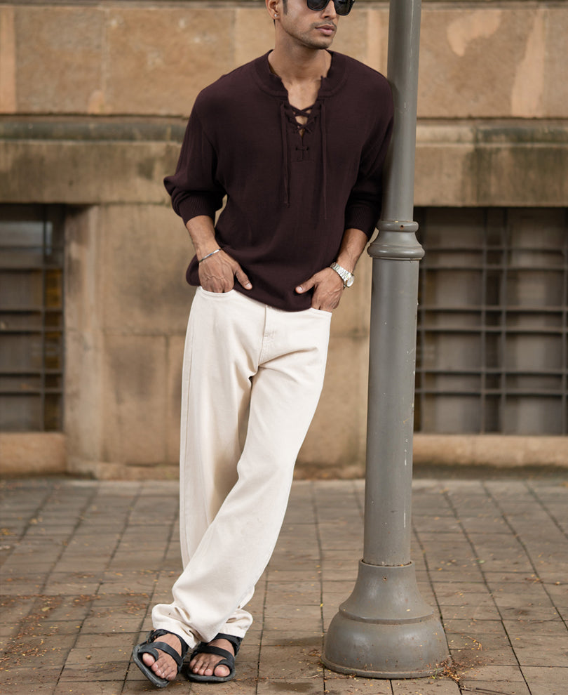 Wine Knitted Henley T-Shirt.