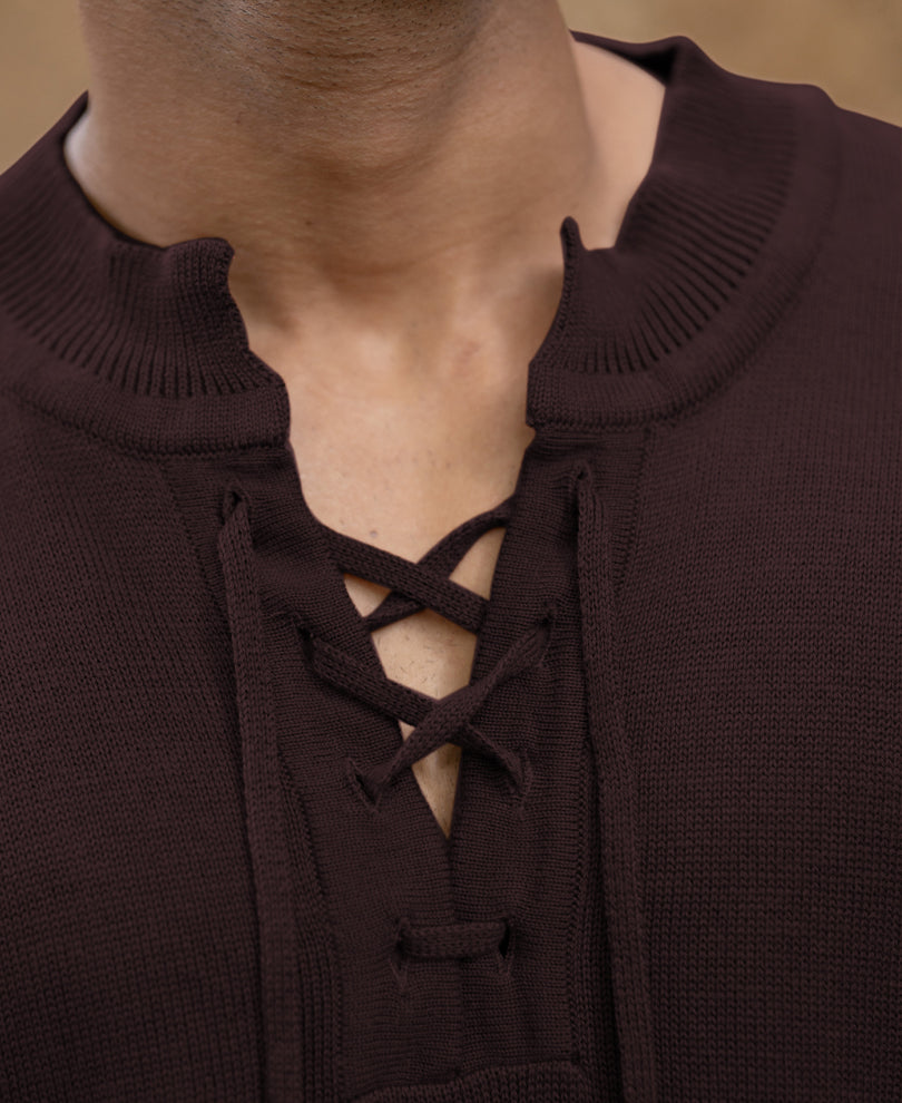 Wine Knitted Henley T-Shirt.