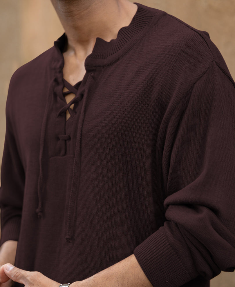 Wine Knitted Henley T-Shirt.