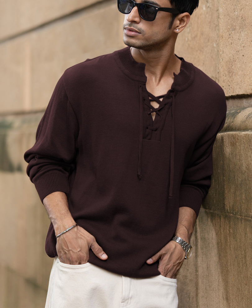 Wine Knitted Henley T-Shirt.