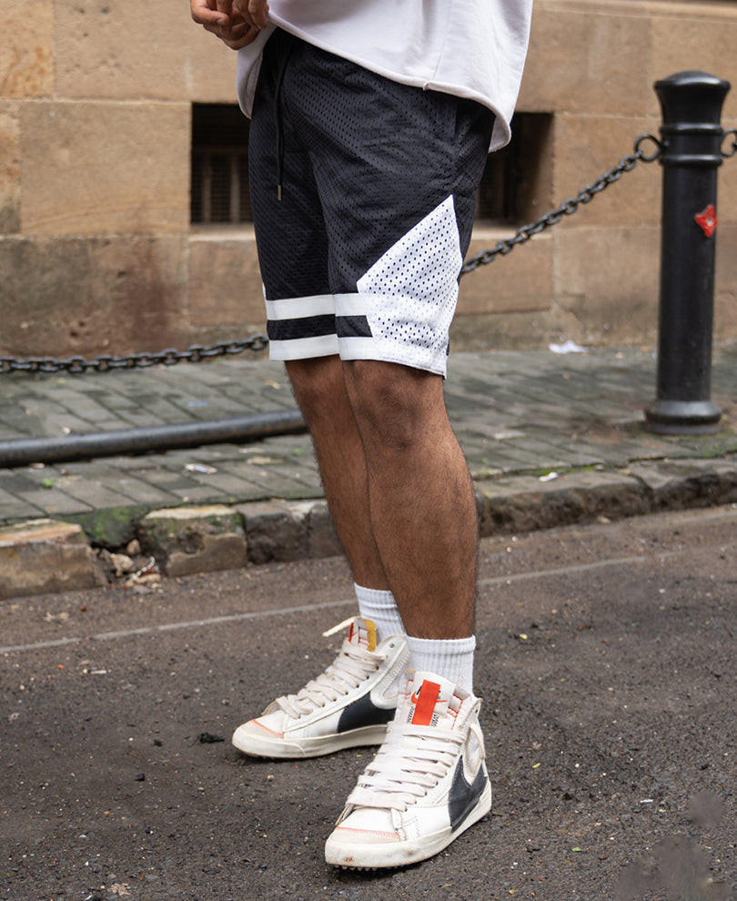 Black Contrast Embroidered Mesh Shorts.